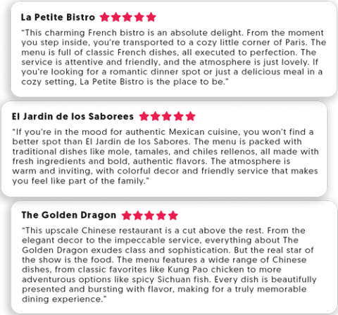 Curated reviews from restaurants example