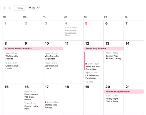 Special events calendar for website